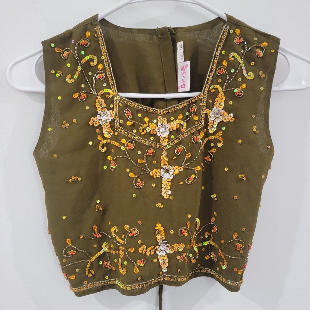 Brisa Womens Top Size‎ Xs Green Beaded Sequin Fairy Ren Faire India